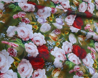 Roses Blossom Cotton Fabric: Oil Painting Style Floral Print