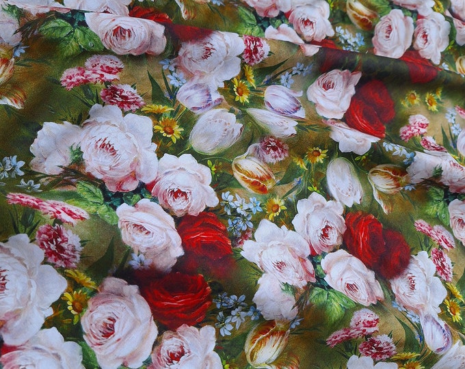 Roses Blossom Cotton Fabric: Oil Painting Style Floral Print