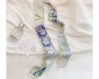 Extra length ribbon scarf, Oil painting flower pattern silk scarf, hair band, accessories bag charm