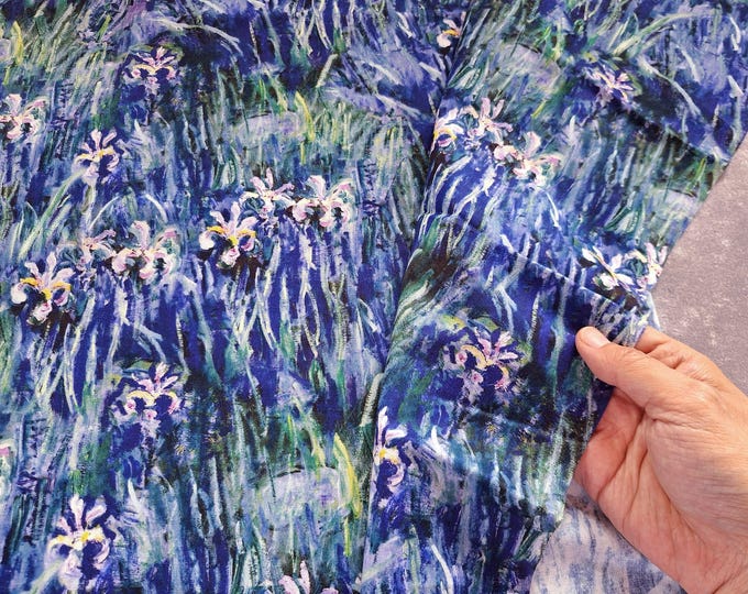 Irises Cotton Fabric: Monet Oil Painting Style Calico, Quilting Fabric