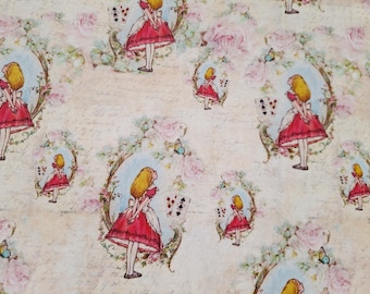 Alice in Wonderland Cotton Fabric: Vintage Stamps Pattern