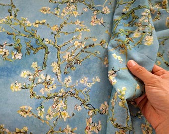 Almond Blossoms Print Cotton Fabric: Vintage Oil Painting Calico