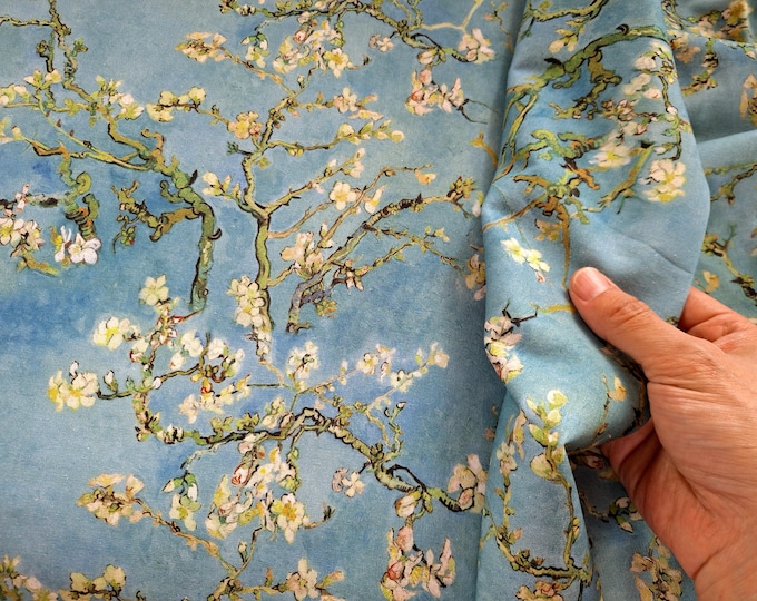 Almond Blossoms Print Cotton Fabric: Vintage Oil Painting Calico