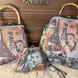 Bolso de mano con cierre de beso, bolso de tela vintage con marco, bolso con asa de bambú de la Torre Eiffel de París de Marilyn Monroe, bolso de moda para mujer, bolso de fiesta de noche