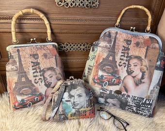 Vintage Marilyn Monroe Clutch: Paris Eiffel Tower Kiss Lock Bamboo Handle Bag