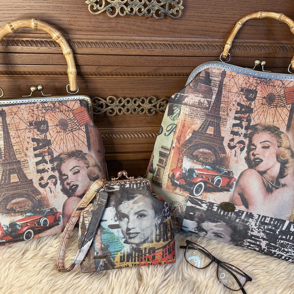 kiss lock clutch purse Vintage fabric frame purse Marilyn Monroe Paris Eiffel Tower bamboo handle bag women's fashion handbag party evening