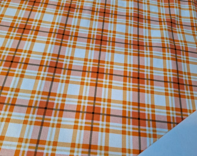 Vintage Orange Plaid Cotton Fabric: Thanksgiving Halloween Grid Pattern