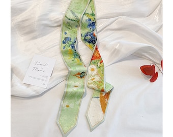 Extra length ribbon scarf Oil painting flower pattern silk scarf for whatever you want like necklace hair band accessories bag decor making