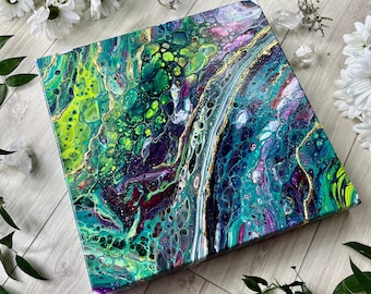 Green Blue Abstract Painting with Gold Details | Deep Edge | Home Decor