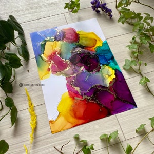 Arte colorata con inchiostro alcolico A4, pittura a inchiostro originale, pittura con elementi d'oro, Yupo dipinto a mano, regalo insolito per la casa, senza cornice