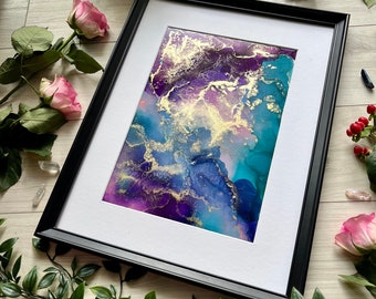 Dreamy Alcohol Ink A4, Original Ink Painting, Painting With Gold Elements, Hand Painted Yupo, Galaxy Art, Unframed