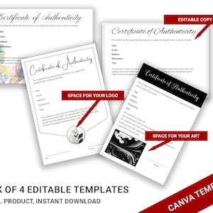 Certificate of Authenticity Canva Template for Art and Crafts, Resources for Artists, Printable Digital Download, Art Toolkit