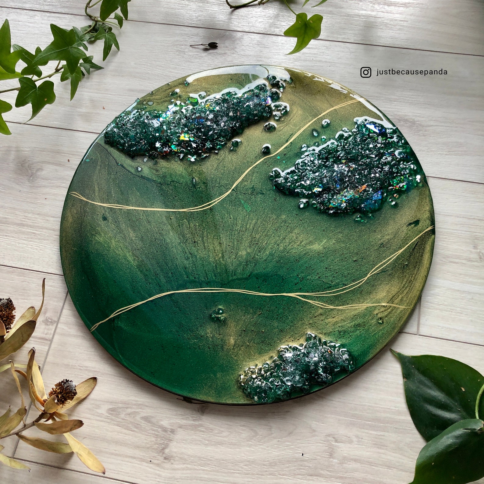 Resin Artwork With Crushed Glass Abstract Resin Art Green Etsy