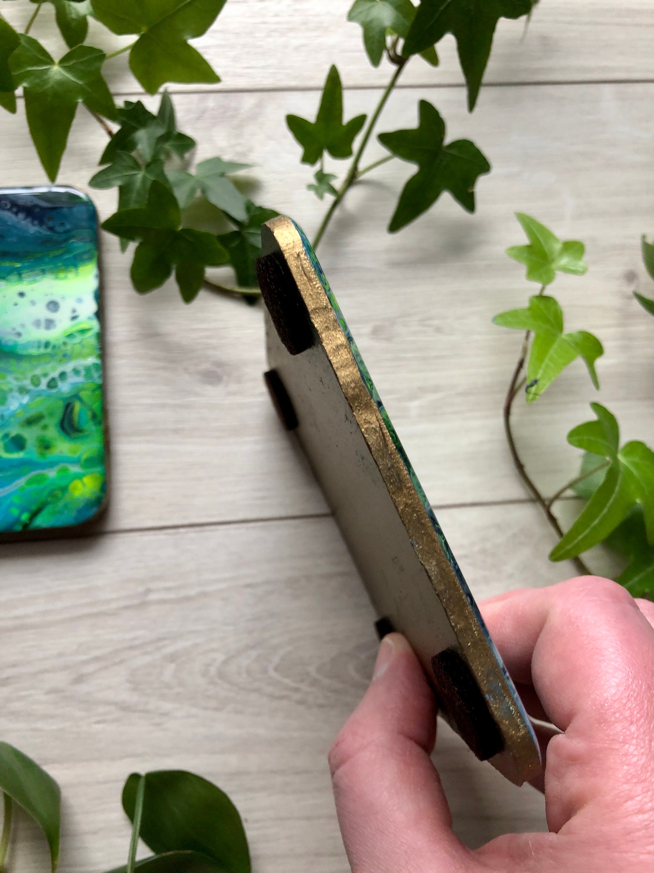 Unique Set of 2 Green Blue Coasters Abstract Decorative Etsy