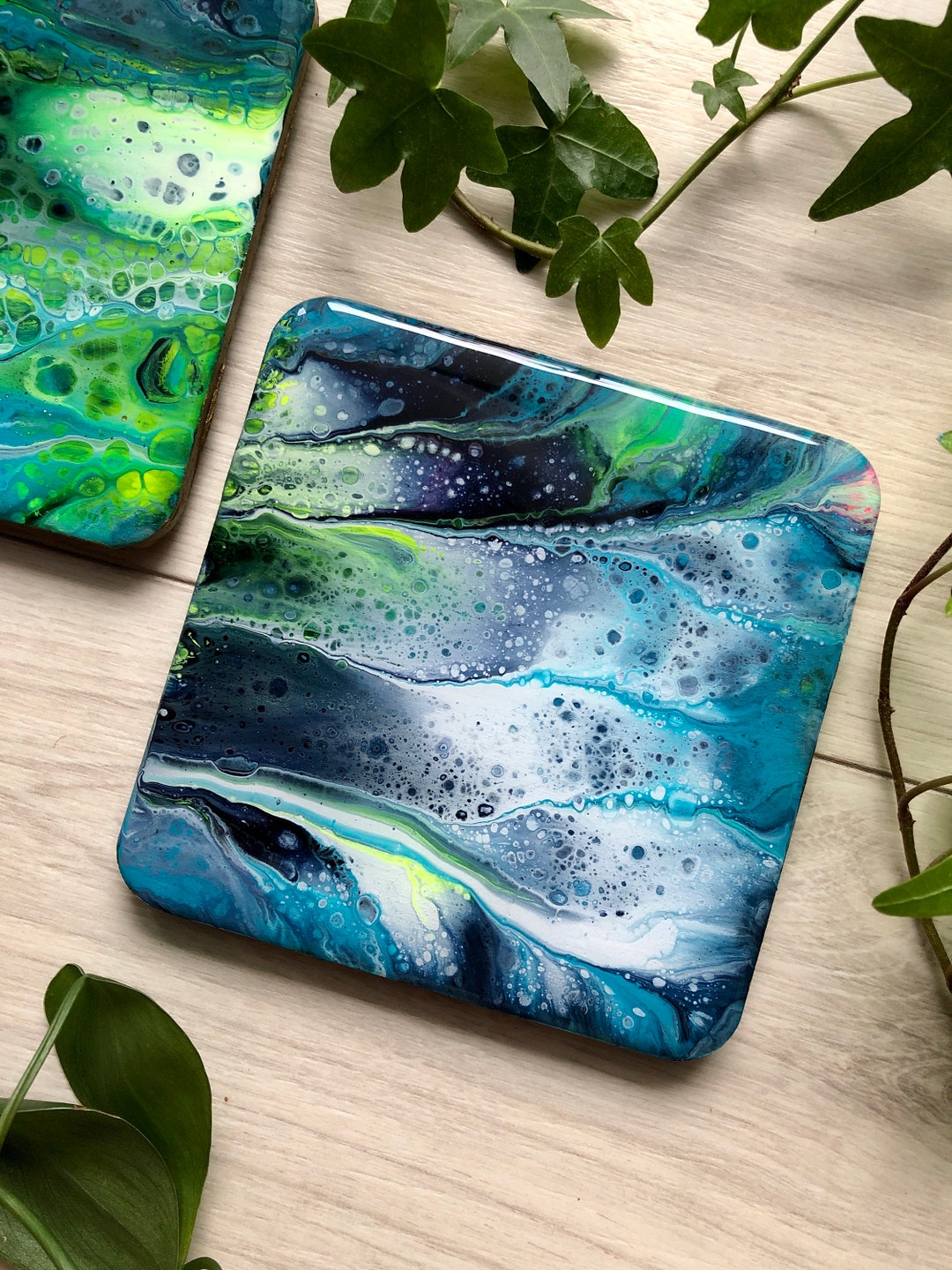 Unique Set of 2 Green Blue Coasters, Abstract Decorative Tiles, Hand