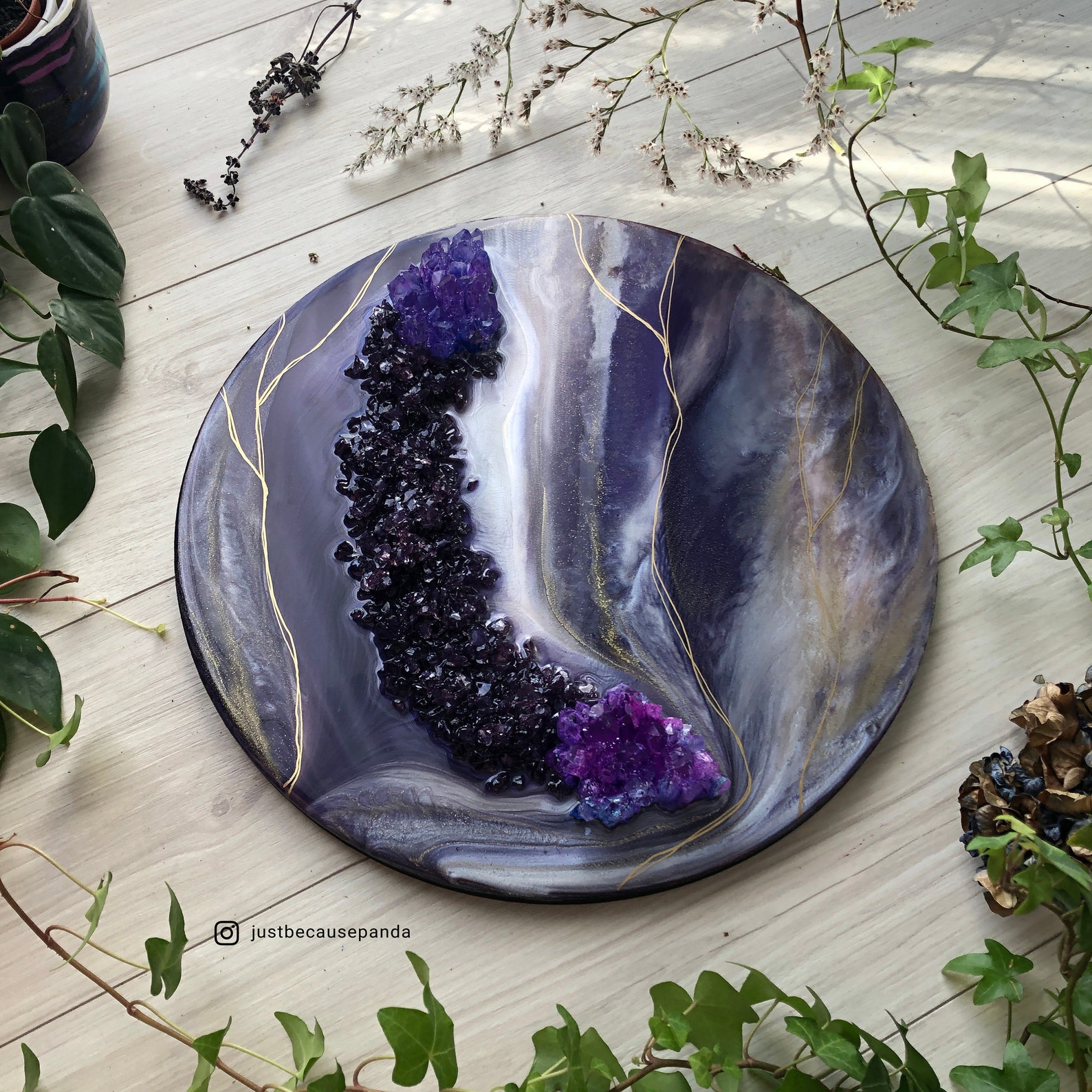 Purple Resin Artwork Abstract Resin Art Gold Linework Etsy