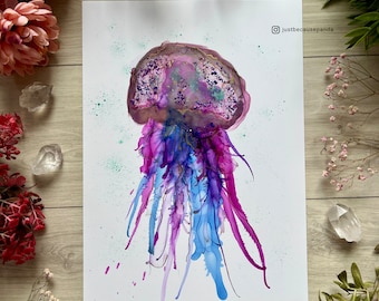 Colorful Alcohol Ink A4, Original Ink Painting, Painting With Gold Elements, Hand Painted Yupo, Jellyfish Art, Unframed Wall Artwork