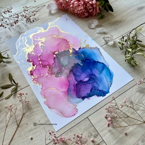 Arte astratta con inchiostro, grafica con inchiostro alcolico A4, pittura a inchiostro originale, pittura con elementi dorati, dipinta a mano, senza cornice, regalo di inaugurazione della casa