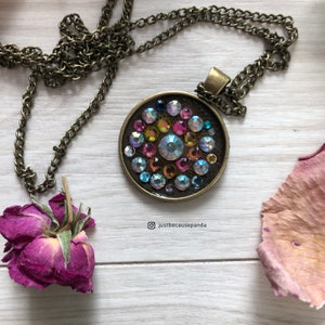 Necklace with Rhinestones, Unusual Resin Pendant, Sparkly Pendant, Unusual Love Gift Idea, Glass Rhinestones, Cute Necklace