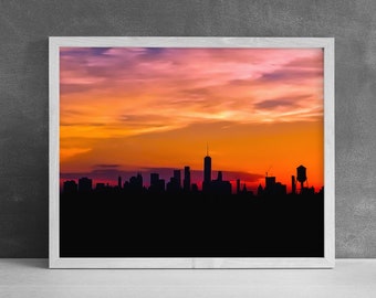 New York Skyline Photography Print, New Home Art, Orange Sunset, Office Wall Art, New York Wall Decor