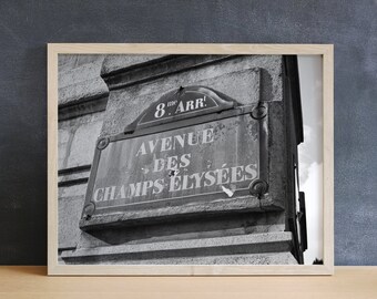 Champs Elysees Photography Print, Black and White, Paris Bedroom Prints, Wanderlust Gift, French Street Sign