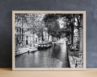 Amsterdam Canals Photography Print, Black and White, Netherlands Art, Office Wall Art, Europe Photography