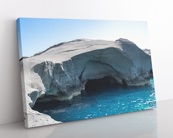 White Cliffs Beach Canvas | Milos, Mediterranean Home Decor, Greek Island Print, Blue and White, Greece Photography,