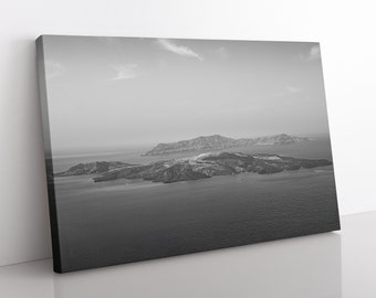Santorini Volcano Canvas | Black & White, Greece Photography, Minimalist Ocean Art, Greek Island Print, Volcanic Art