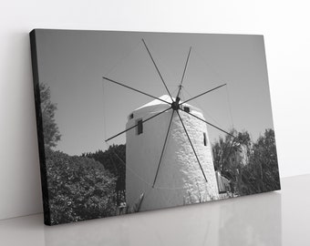 Milos Windmill Canvas | Black and White Art, Greece Photography, Modern Photo Print, Mediterranean Decor, Ready to Hang