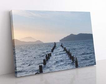 Old Pier at Sunset Canvas | Mediterranean Sunset, Ocean Blue Decor, Milos, Minimalist Sea Print, Greece Photography