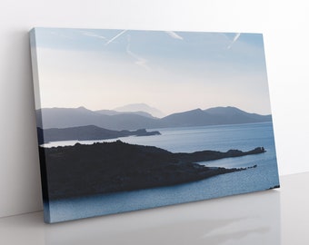 Misty Mountains of Milos Canvas | Travel Photography, Greek Island Print, European Wall Art, Aegean Sea, Blue and White