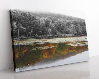 Fall Foliage Reflection Canvas | New York Photography, Misty Forest Art, Lake Wall Art, Hudson Valley, Autumn Leaves