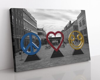 Peace Love Happiness Canvas Print, Office Wall Art, New York Street Art, Black and White, Color Pop Photo