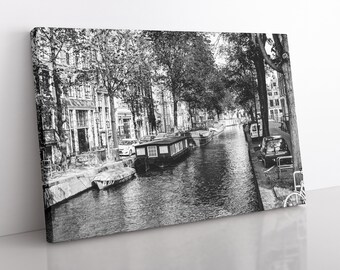 Amsterdam Canals Canvas Print, Black and White, Netherlands Art, Ready to Hang Canvas, Europe Photography