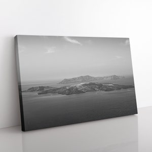 Santorini Volcano Canvas | Black & White, Greece Photography, Minimalist Ocean Art, Greek Island Print, Volcanic Art