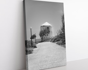 Greek Windmill Canvas | Greek Island Print, Black and White Art, Greece Photography, Monochrome Print, Mediterranean Decor