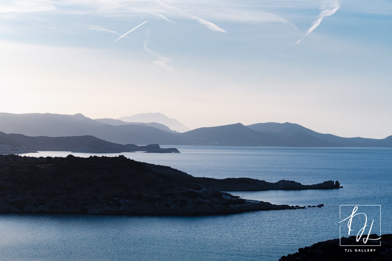 Misty Mountains of Milos Canvas Travel Photography, Greek Island Print, European Wall Art, Aegean Sea, Blue and White image 2