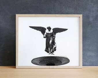 Impresión de un ángel de nieve en Central Park, blanco y negro, fotografía de Nueva York, minimalismo, fuente de Bethesda