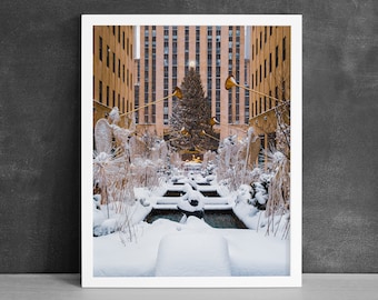 New York Christmas Tree Print, City Photography, Rockefeller Center, Seasonal Home Decor, New York Snow