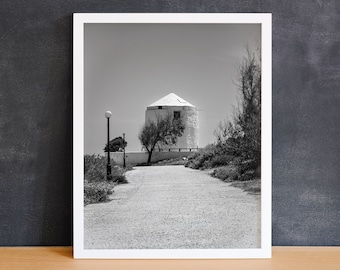 Greek Windmill Print | Greek Island Print, Black and White Art, Greece Photography, Monochrome Print, Mediterranean Decor