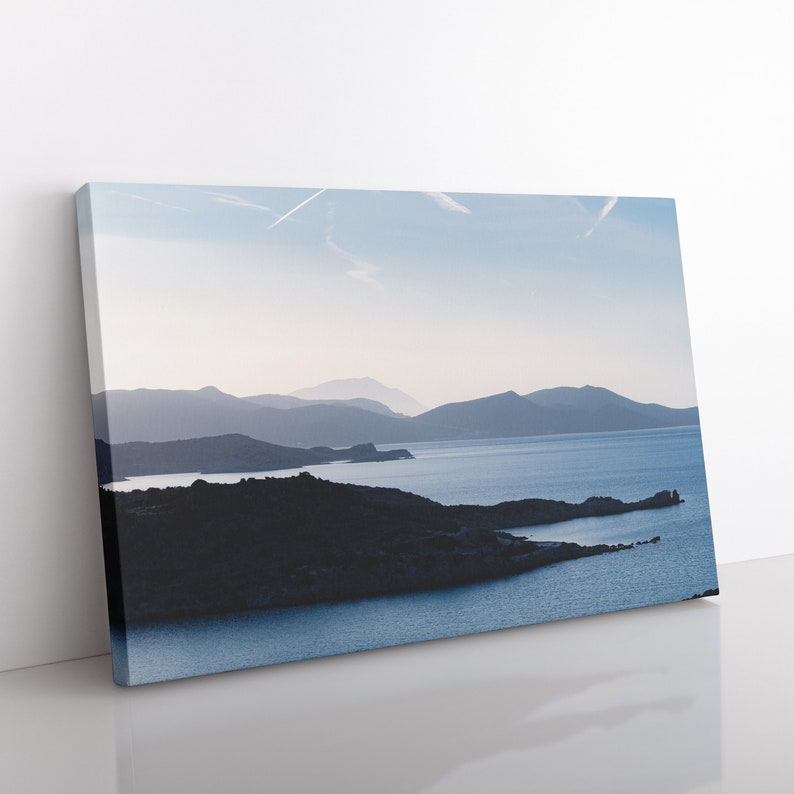 Misty Mountains of Milos Canvas Travel Photography, Greek Island Print, European Wall Art, Aegean Sea, Blue and White image 1