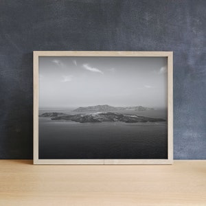 Santorini Volcano Print | Black & White, Greece Photography, Minimalist Ocean Art, Greek Island Print, Volcanic Art