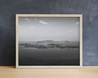 Santorini Volcano Print | Black & White, Greece Photography, Minimalist Ocean Art, Greek Island Print, Volcanic Art