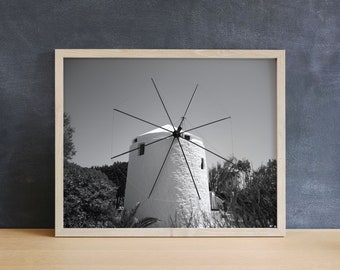 Milos Windmill Print | Greek Island Print, Black and White Art, Greece Photography, Modern Photo Print, Mediterranean Decor