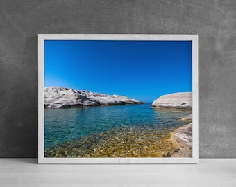 Greek Island Beach Print | Blue and White, Milos, European Wall Art, Greece Photography, Aegean Sea