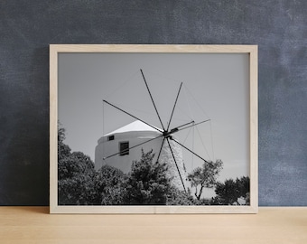 Greek Island Windmill Print | Mediterranean Decor, Milos Greece, Black & White Art, Greece Photography, Minimalist Art Print