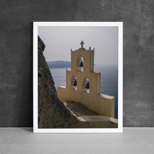 Impression d&#39;art de Santorin, art mural moderne, photographie de Grèce, décoration estivale, cloches d&#39;église