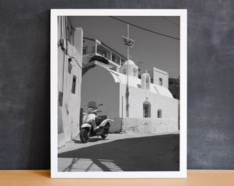 Milos Scooter Print | Europe Lifestyle Art, Moped Wall Art, Greece Photography, Black & White, Mediterranean Art