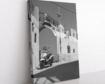 Milos Scooter Canvas | Black & White, Mediterranean Art, Europe Lifestyle Art, Moped Wall Art, Greece Photography