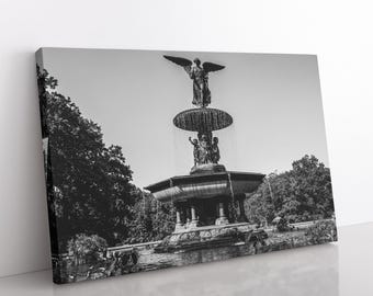 Lienzo impreso de la Fuente de Bethesda, Fotografía de Central Park, Arte mural en blanco y negro